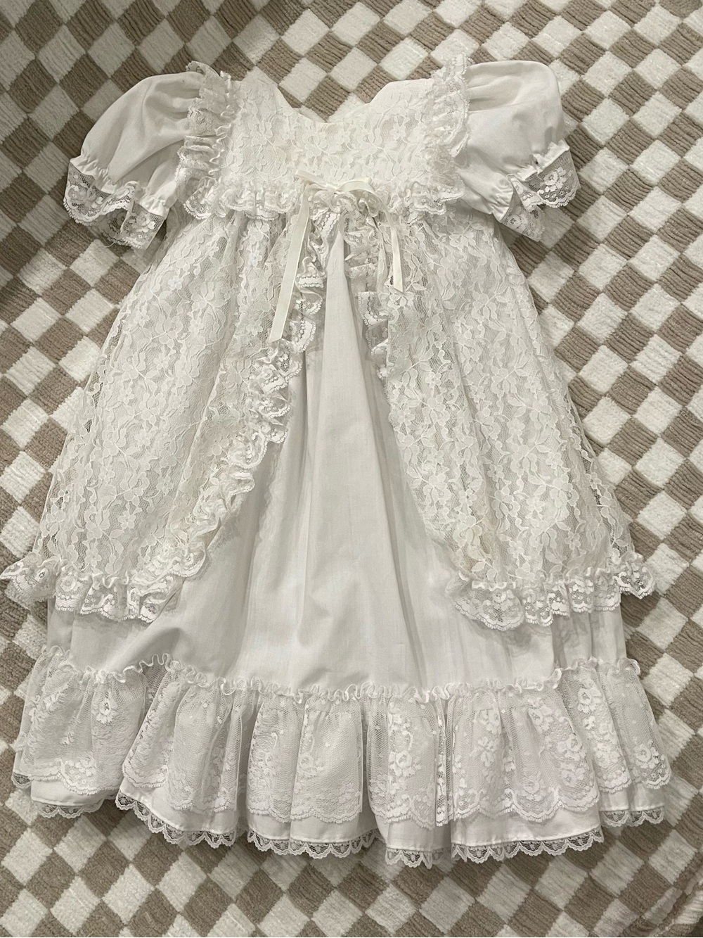 Antique Vintage Long White Lace Baby Dress with Ruffle Trim